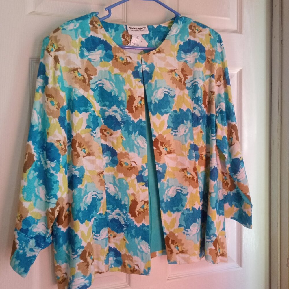 SERENGETI Size XL Blue floral JACKET coat Rayon & Linen NEW